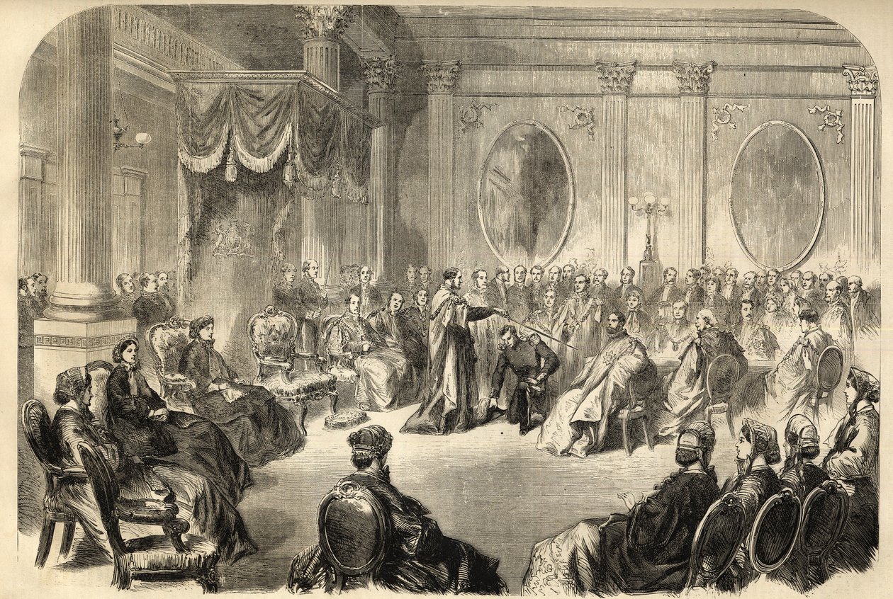 Orde van Sint-Patrick - De Meest Illustere Orde van Sint-Patrick - De investituur van een ridder in de Orde van Sint-Patrick in Dublin, Ierland in de 19e eeuw - gravure 1866 door Unknown artist