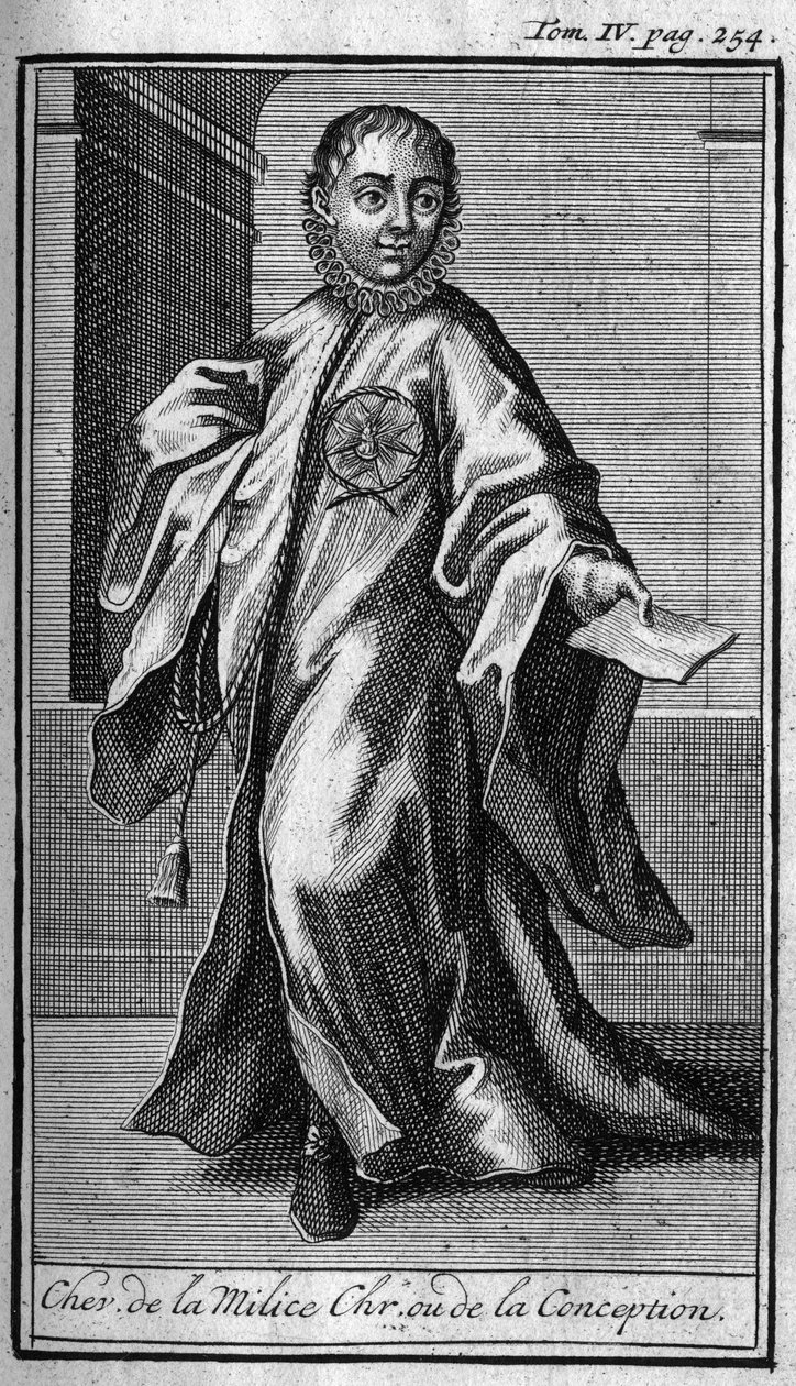 Ridderorden. Ridder van de christelijke militie of conceptie in Duitsland in de 17e eeuw. In History of military orders or knights, of the secure and routine militias of both sexes, which have been set up so far. Editie genomen van Abbe Giustiniani door Unknown artist