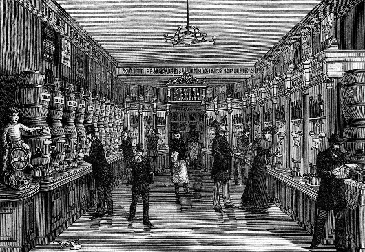 Overzicht van een bar met automaten, rue Montmartre, in Parijs. Gravure in 