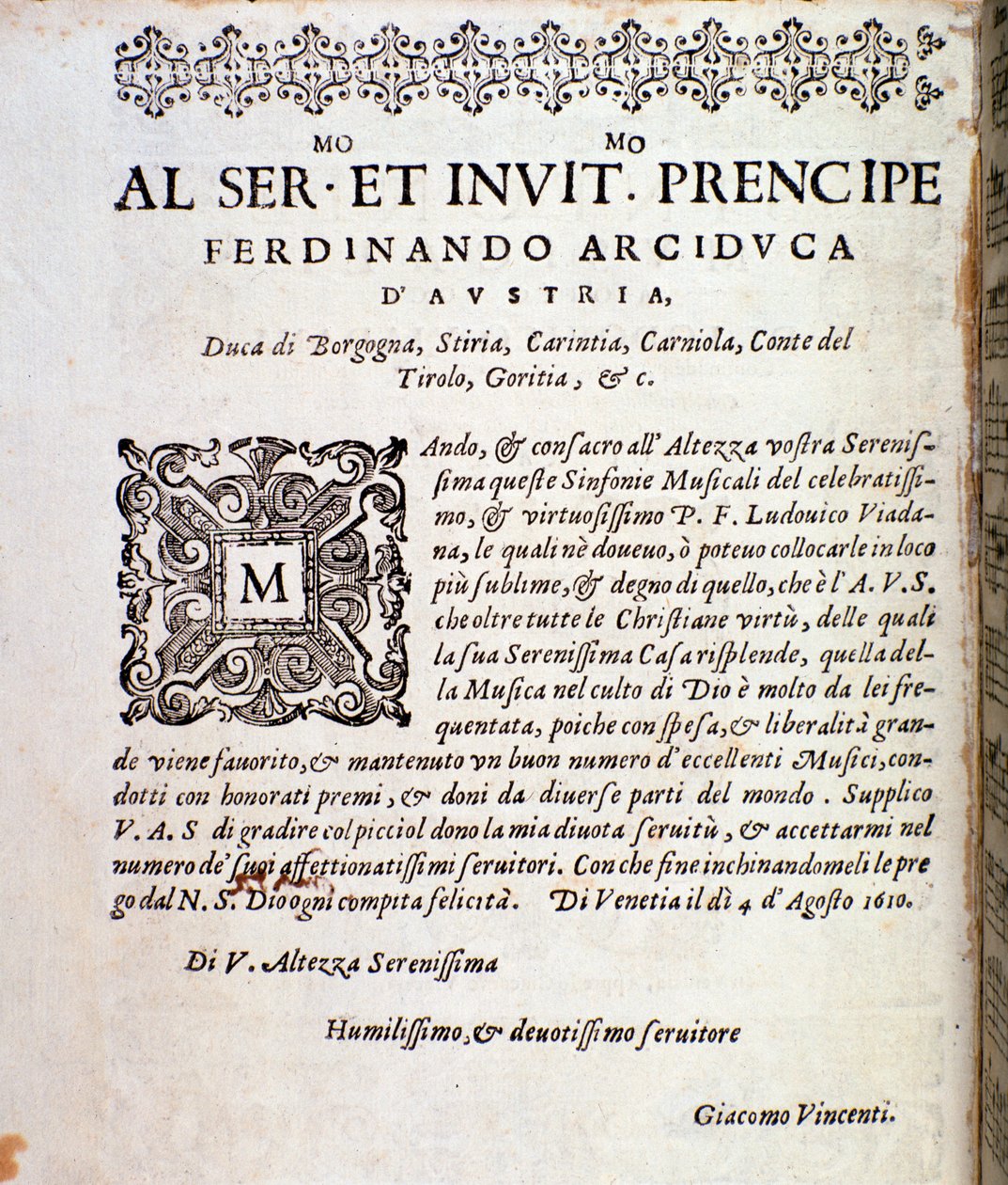 Opdrachtpagina aan Ferdinand van Oostenrijk in muzikale partituur van Sinfonie musicali door Ludovico Viadana door Unknown artist