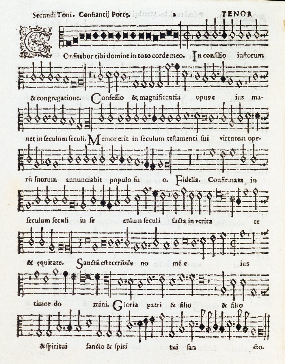 Pagina van muzikale partituur van Confitebor tibi domine psalm opgedragen aan Palestrina door Costanzo Porta door Unknown artist