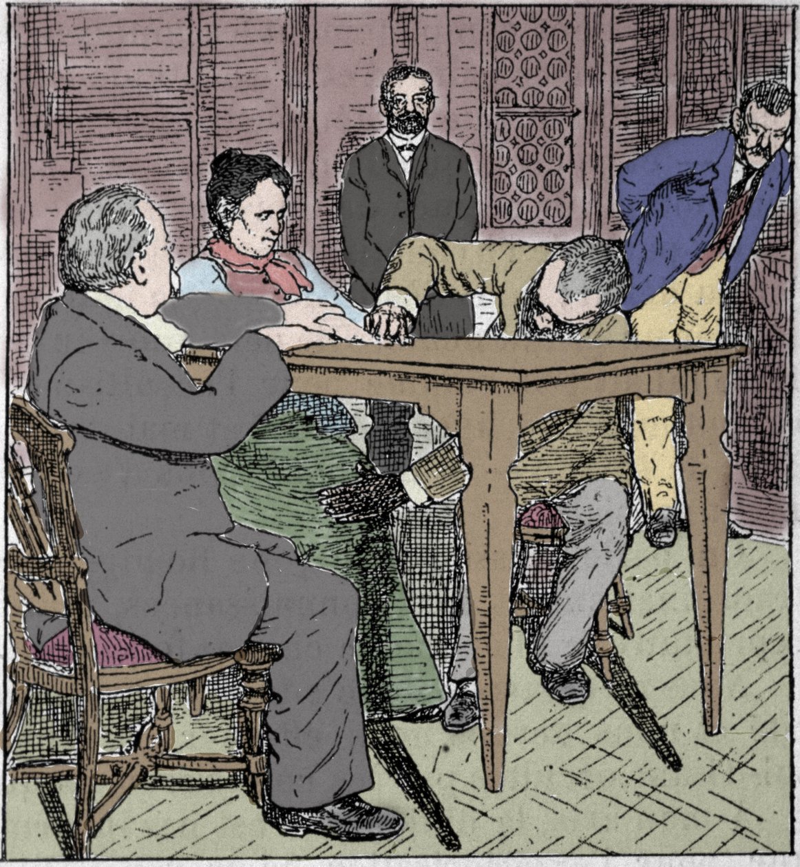Paranormale verschijnselen: ervaring van het optillen van een tafel in Milaan in 1892 in aanwezigheid van het medium Eusapia Paladino en Cesare Lombroso (1835-1909) en Charles Richet (1835-1909). door Unknown artist