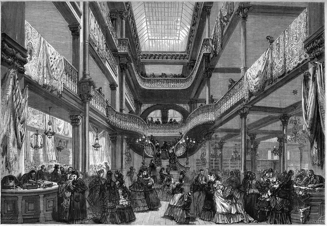 Parijs 1872: interieur van nieuwe winkels, 