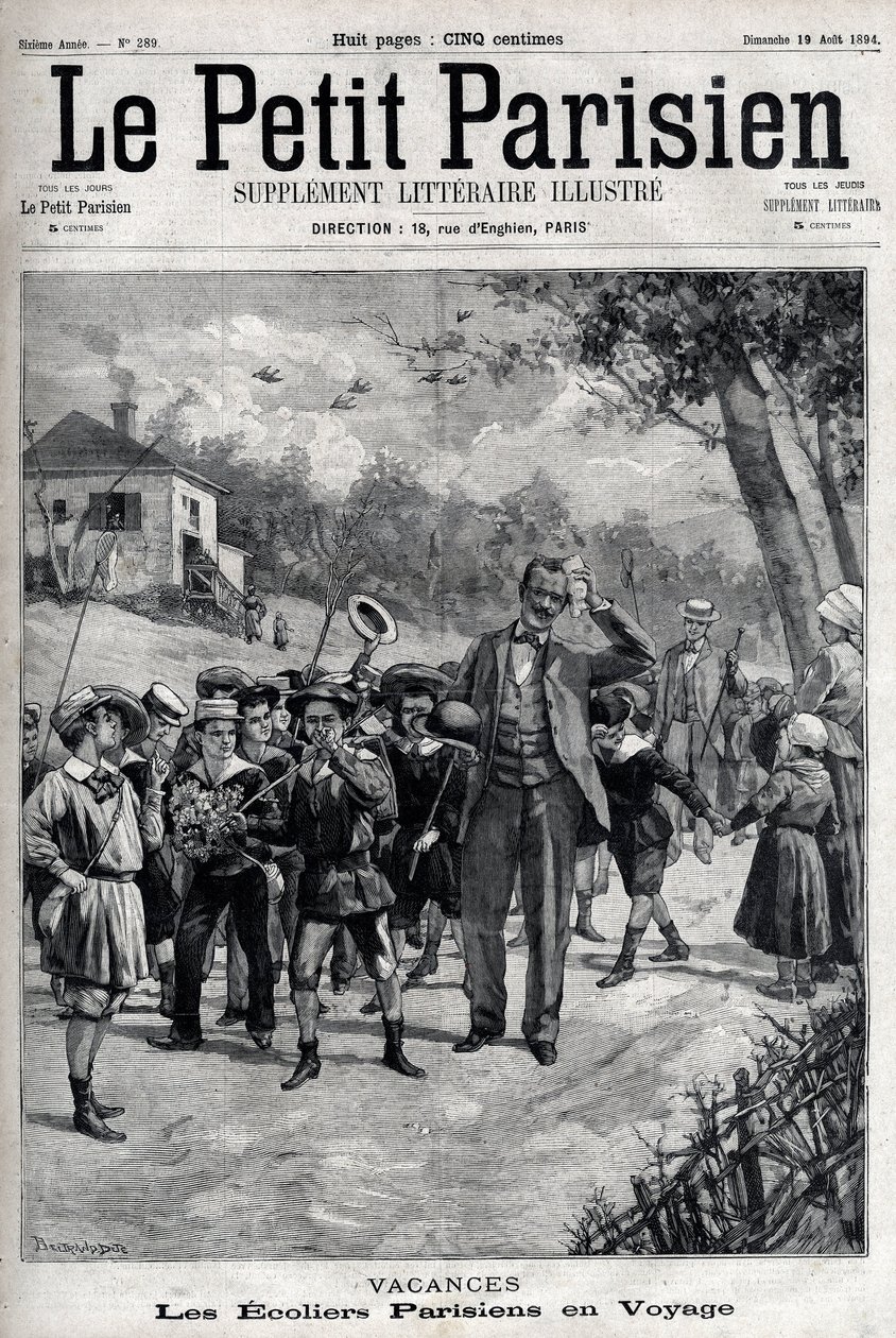 Parijse schoolvakanties op een uitstapje naar het platteland. Gravure in 