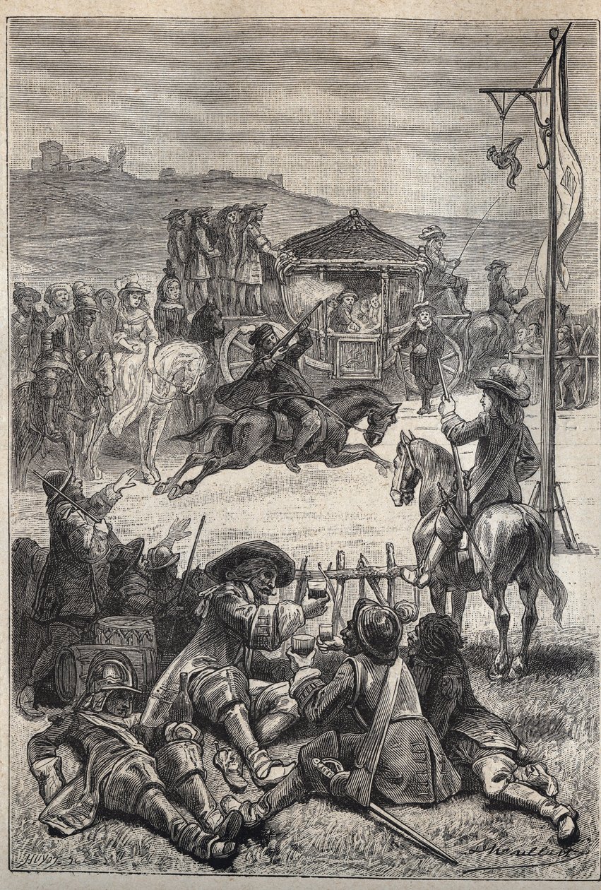 Papegaaischieten - 19e-eeuwse illustratie voor de historische roman 