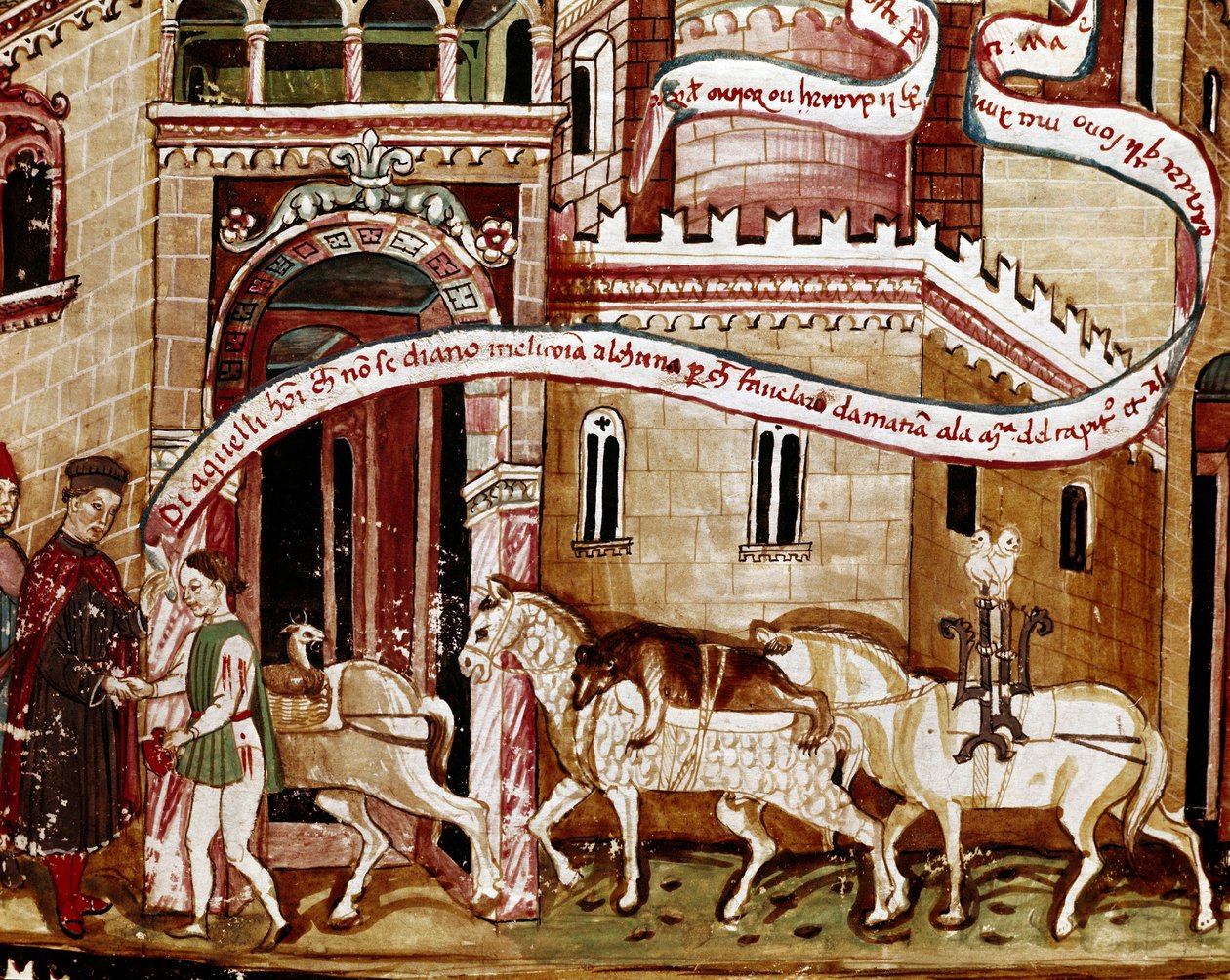 Betaling van de zoutbelasting bij de ingang van de stad (gabelle). Miniatuur uit het manuscript (Ms. H V-5) 