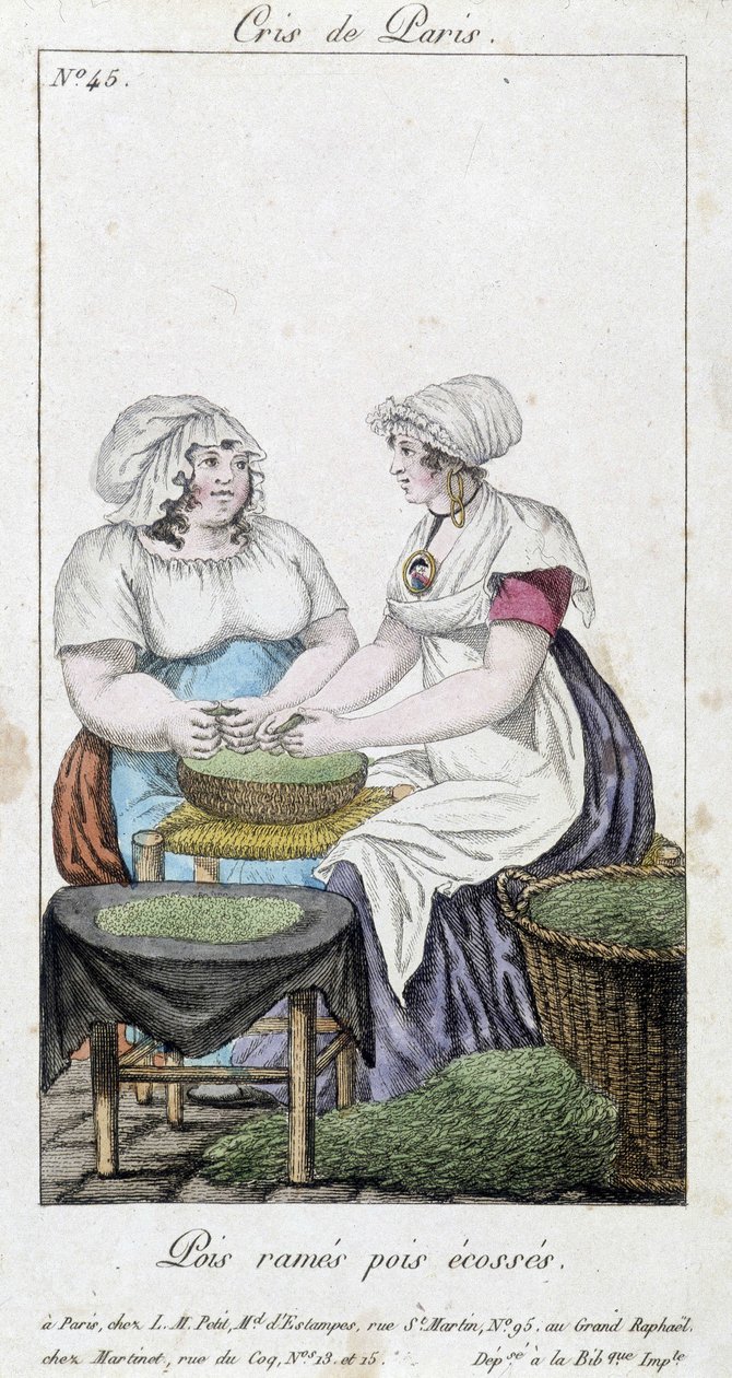 Erwtenhandelaren: twee vrouwen die erwten doppen. 