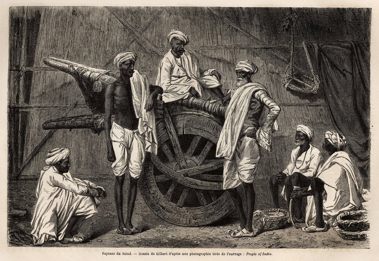 Boeren uit Scind (Punjab-regio, India), naast hun landbouwmachines. Gravure ter illustratie van de reis naar Pandjab en Kashmir, verhaal door Guillaume Lejean, in 1866, gepubliceerd in 