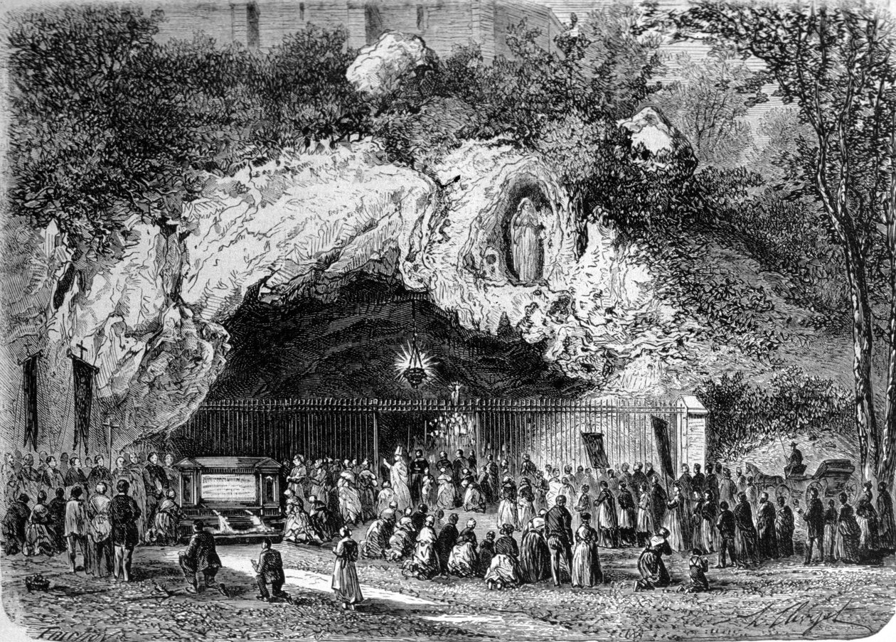 Pelgrims voor de wonderbaarlijke grot van Lourdes in de Hoge Pyreneeën waar de Maagd verscheen aan Bernadette Soubirous (1844-1879) in 1858, huidige bedevaartplaats. Gravure uit de 19e eeuw door Unknown artist