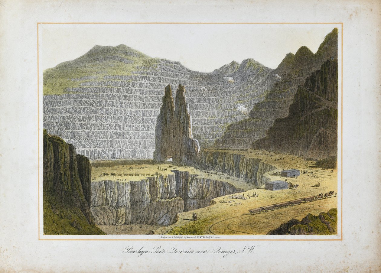 Penrhyn Slate Quarries, bij Bangor, Noord-Wales (handgekleurde litho op papier) door Unknown artist