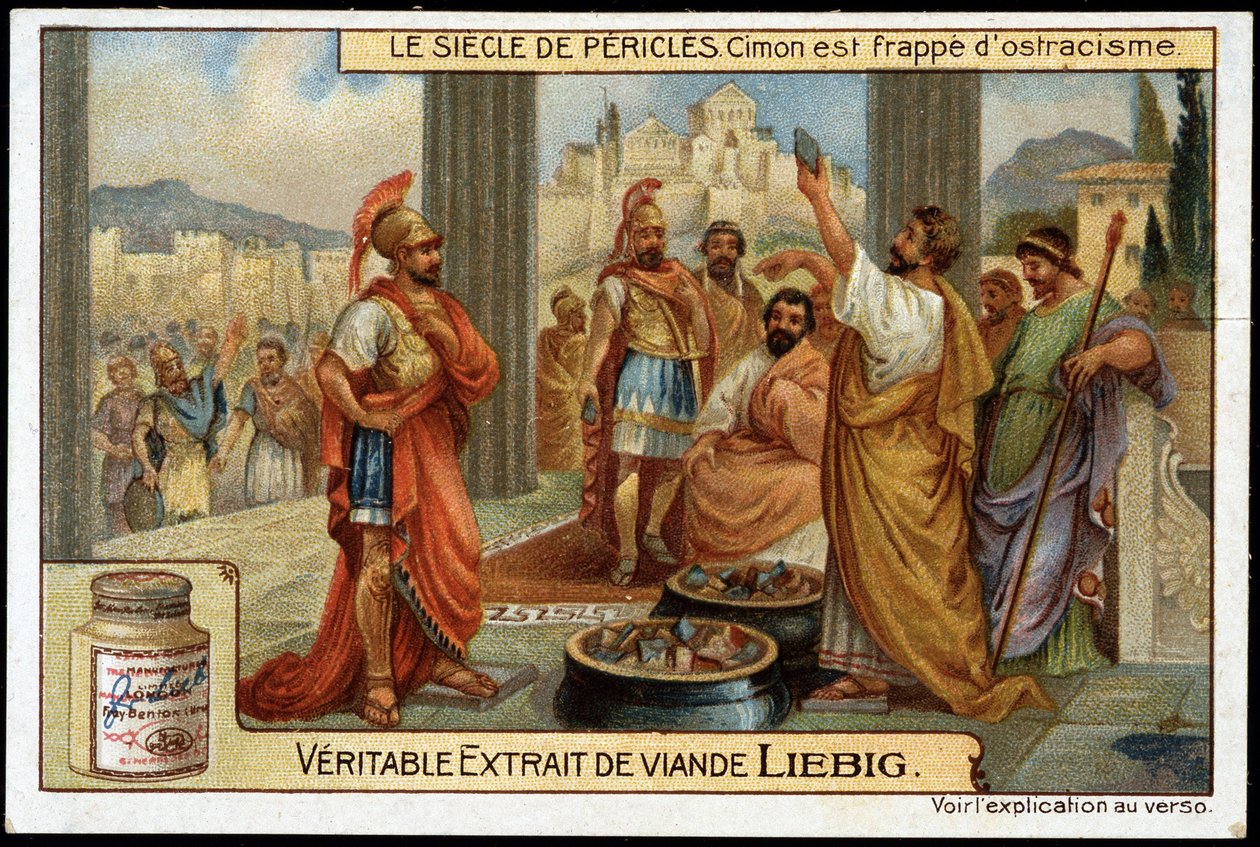 Pericles eeuw (495-429 v.Chr.): staatsman en strateeg Cimon (510-449 v.Chr.) wordt getroffen door ostracisme, in 461 v.Chr. - Liebig chromolithografie door Unknown artist