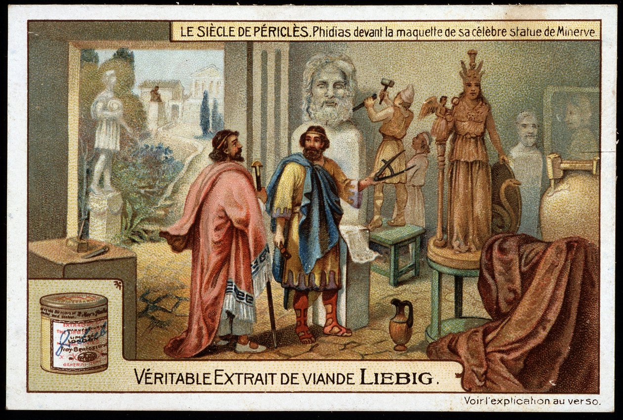 Pericles eeuw (495-429 v.Chr.): de beeldhouwer Phidias (490-430 v.Chr.) voor het model van zijn beroemde standbeeld van Minerva - Liebig chromolithografie door Unknown artist