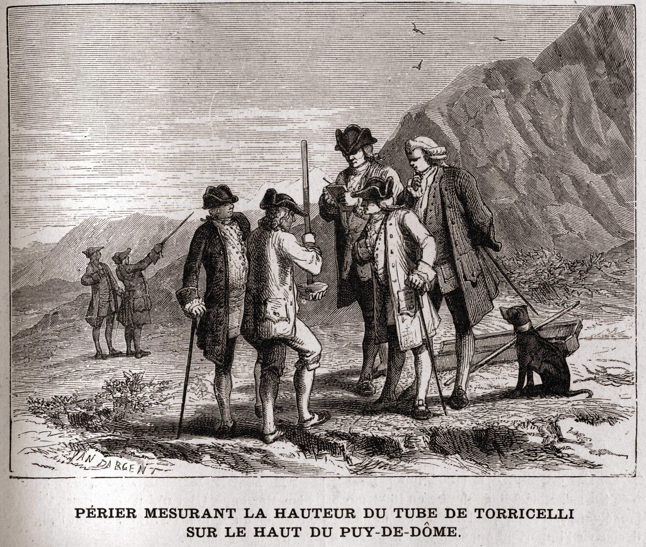 Perier meet de hoogte van de barometer (kwikbuis) door Evangelista Torricelli op de top van de Puy-de-Dôme op 20 september 1618 (gravure 19e eeuw, Bianchetti collectie) door Unknown artist