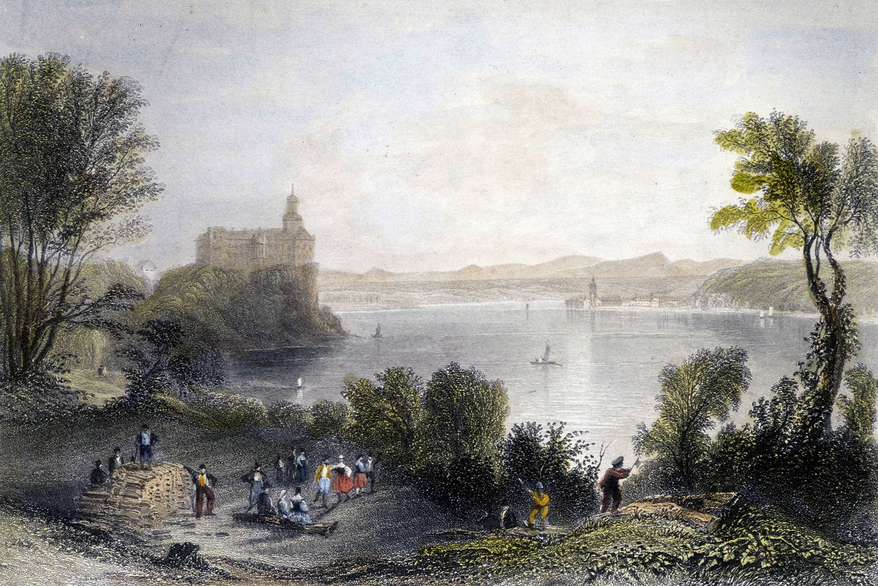 Kasteel Persenberg in Duitsland. Op de voorgrond de houtbewerkers aan het werk. Gravure uit de 19e eeuw. door Unknown artist