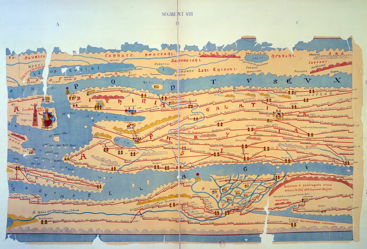 Peutingerkaart die de Romeinse wegen in Egypte en Turkije voorstelt. Wegenkaart uit de 13e eeuw gebaseerd op een kaart van het Romeinse Rijk uit de 3e eeuw. door Unknown artist