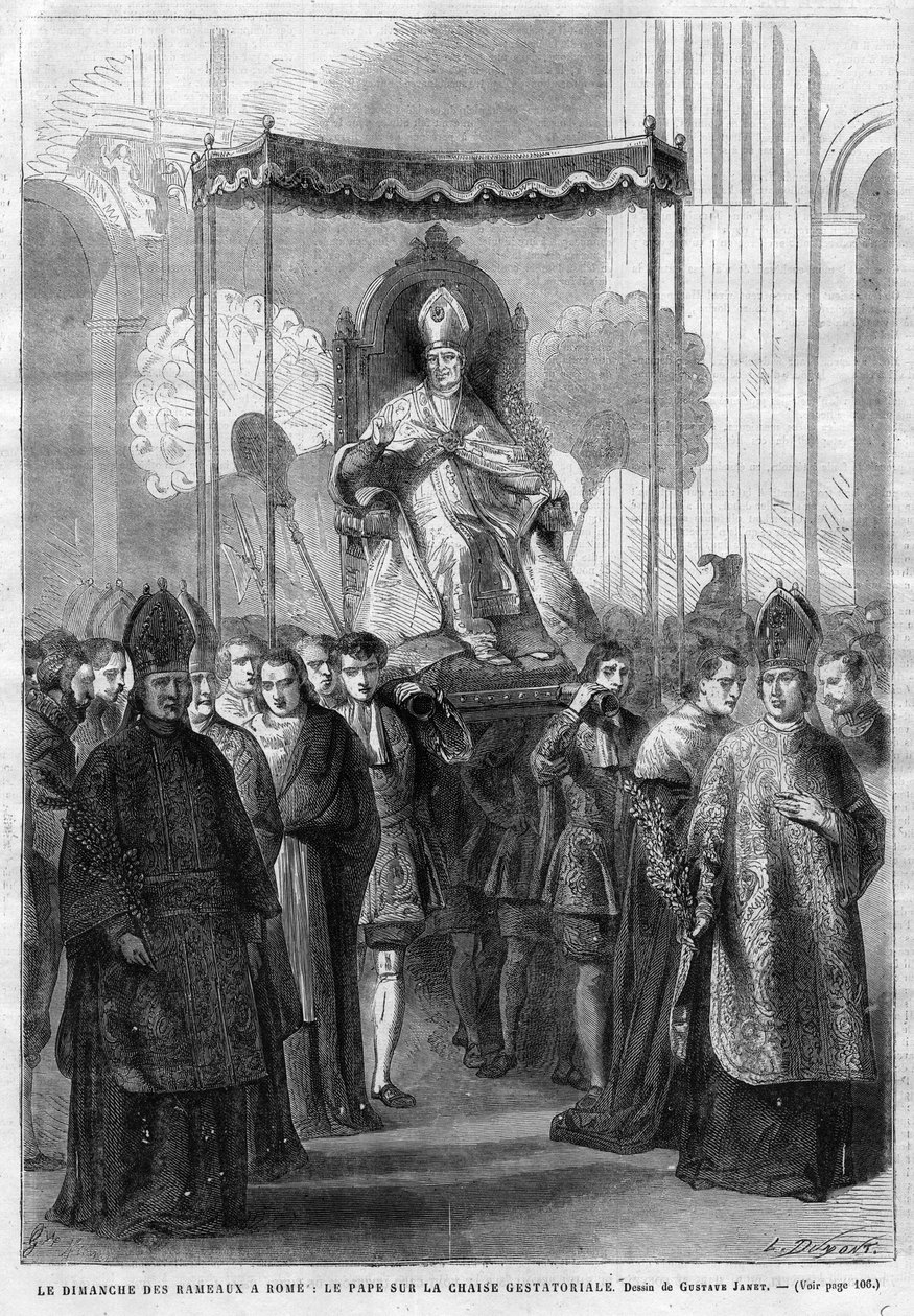 Paus Pius IX (1835-1914) op de sedia gestatoria - Palmzondag in Rome: Paus Pius IX op de draagstoel - tekening door Gustave Janet - Het Illustratieve Dagboek van 1868. door Unknown artist