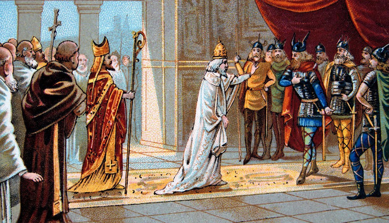 Paus Stefanus II smeekt Pepijn de Korte om hulp tegen de Longobarden in 754 in het Ponthion Paleis door Unknown artist