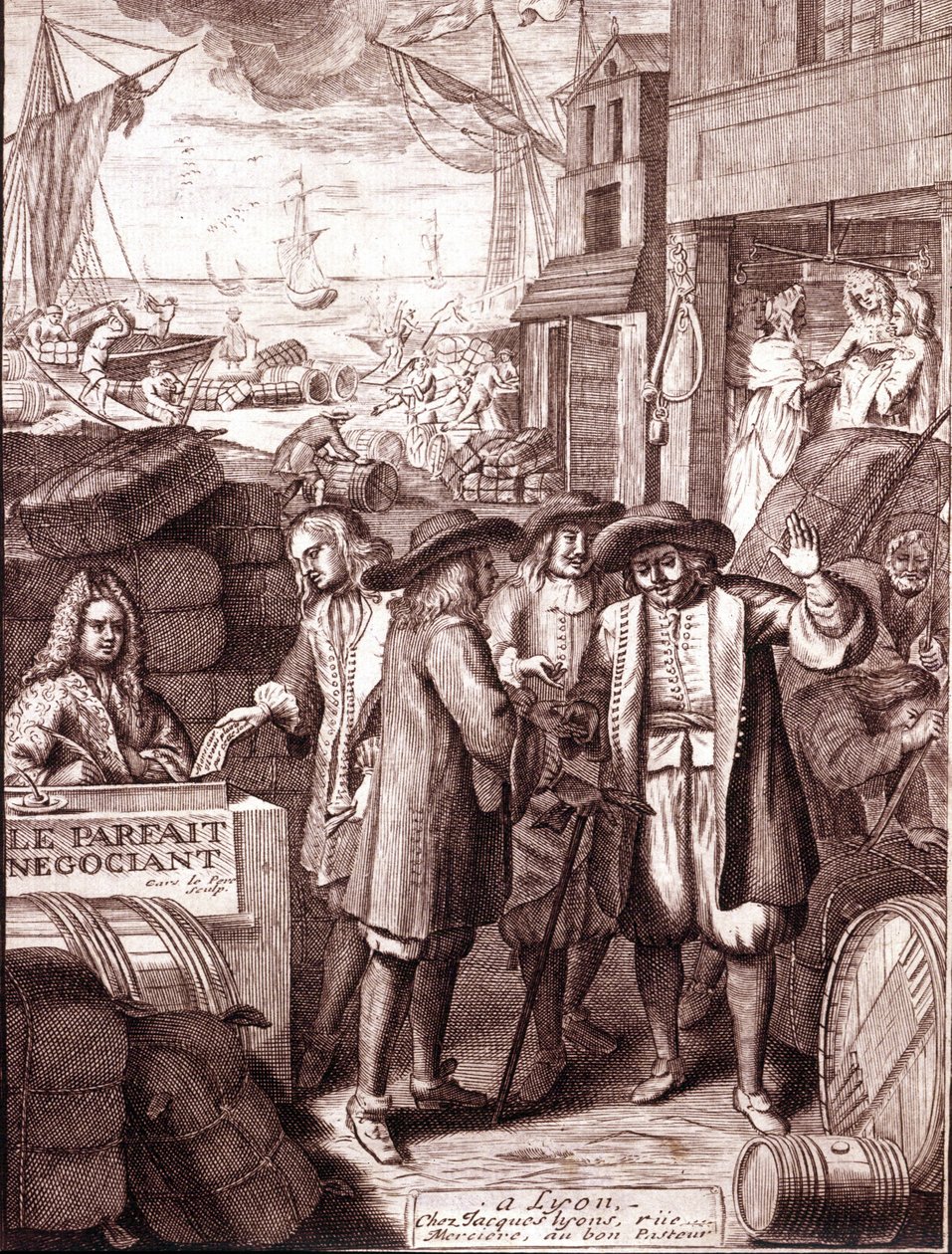 Havenhandelaren in gesprek. 19e-eeuwse gravure. door Unknown artist