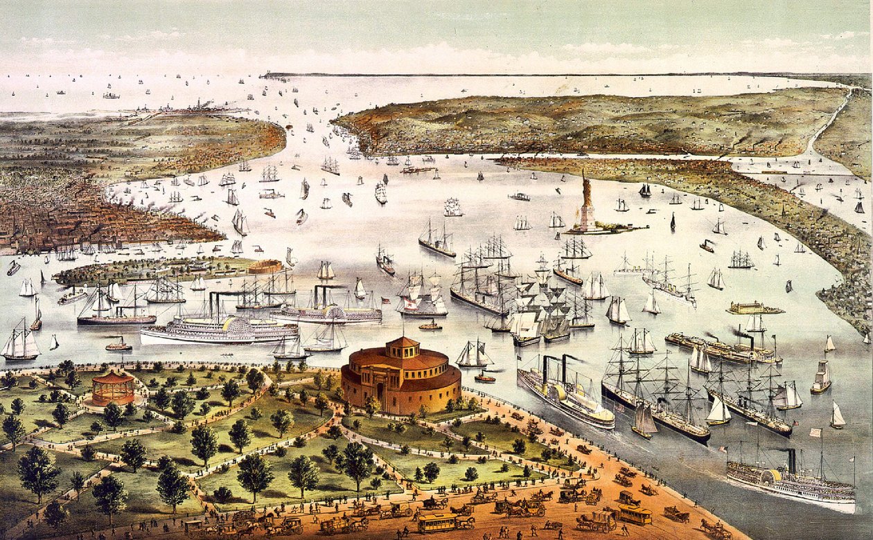Haven van New York; luchtzicht. Gravure ca. 1892. door Unknown artist