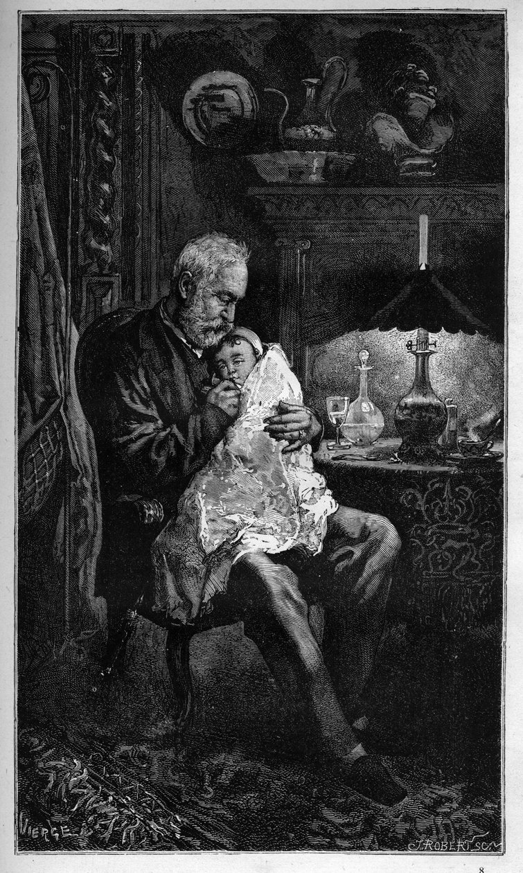 Portret van Victor Hugo, zittend met kleindochter Jeanne - gravure uit 