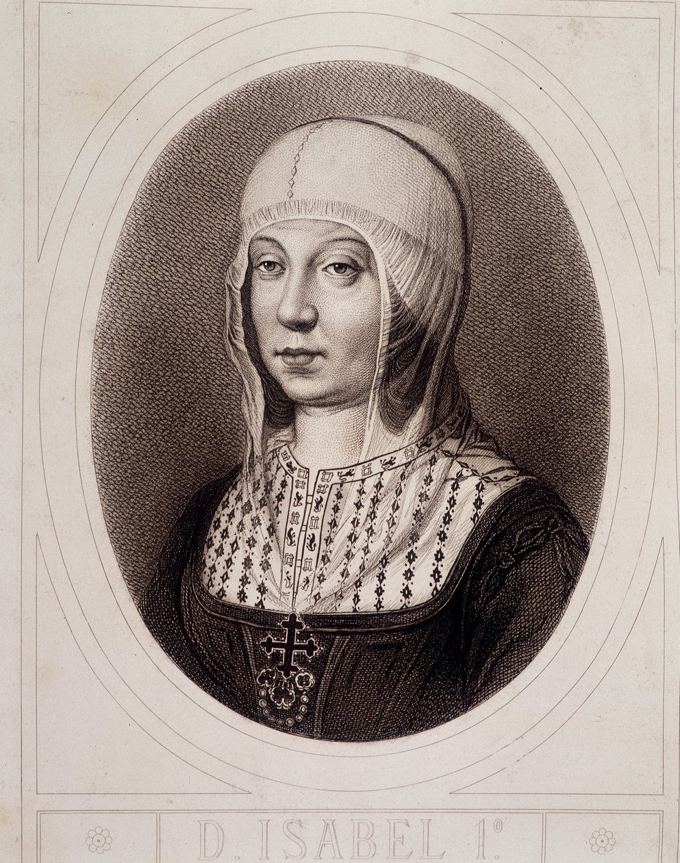 Portret in medaillon van Isabella I de Katholieke van Castilië - gravure door Unknown artist