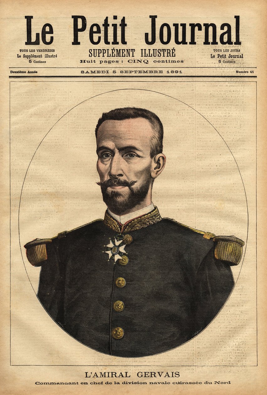 Portret van Admiraal Gervais (1837-1921), Bevelhebber van de Marine Divisie van het Noorden. Gravure in Le petit journal 5/09/1891. Selva