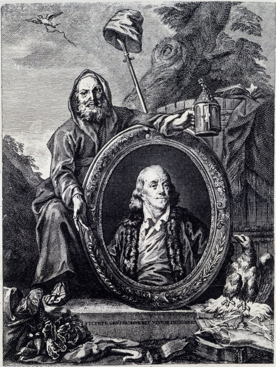 Portret van Benjamin Franklin (1706 - 1790), Amerikaanse politicus, memoralist, pamflettist en natuurkundige door Unknown artist