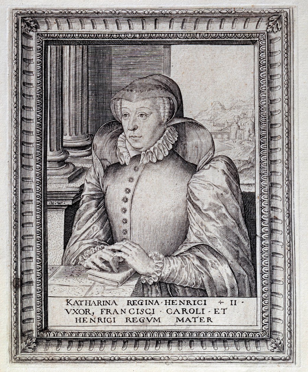 Portret van Catherine de Medicis (1519-1589), koningin van Frankrijk. Gravure uit de 16e eeuw. Pau, Musee Du Chateau door Unknown artist
