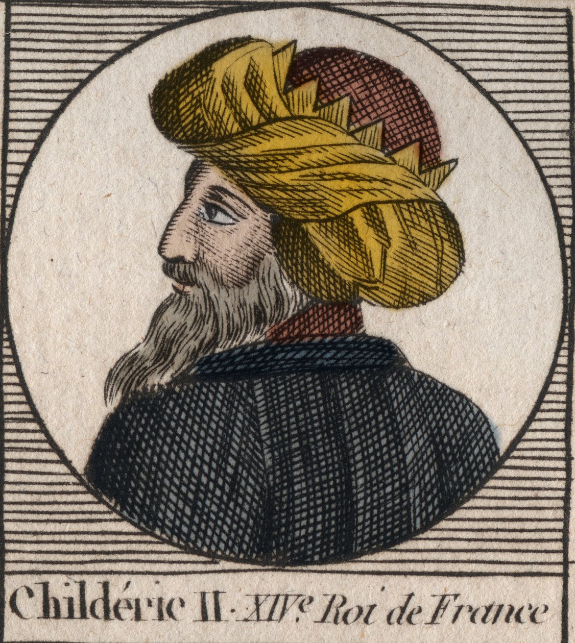 Portret van Childeric II, Koning van de Franken van 670 tot 673 - CHILDERIC II 655-675 Merovingische koning van Frankrijk en Austrasië - gravure uit 