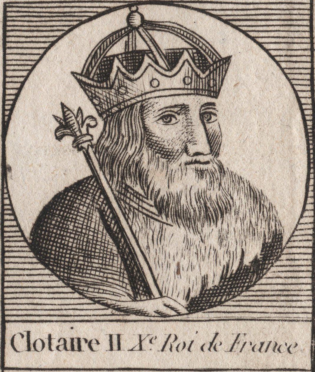 Portret van Clothaire II (584-628), koning van Neustrië en koning van de Franken. Gravure uit 