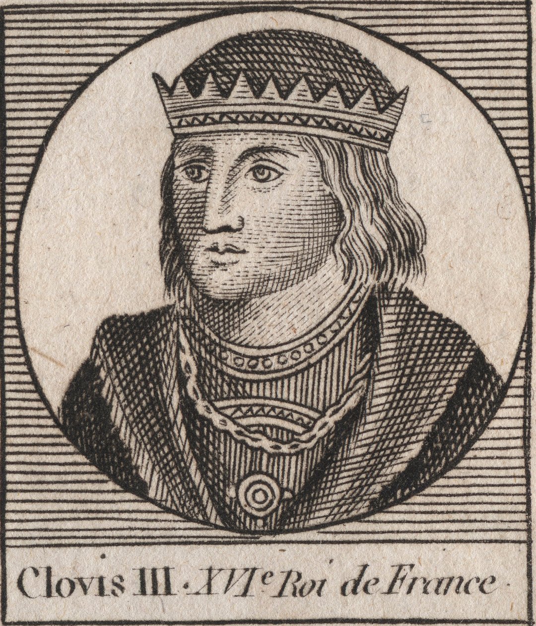 Portret van Clovis III, koning van de Franken van 691 tot 695. Gravure uit 