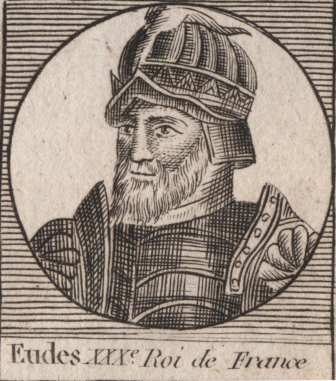 Portret van Eudes (Odon) (ca. 860 - 898), graaf van Parijs en Troyes, daarna koning van Frankrijk - EUDES graaf van Parijs gekozen tot Franse troon na de afzetting van Karel de Keizer - gravure uit 