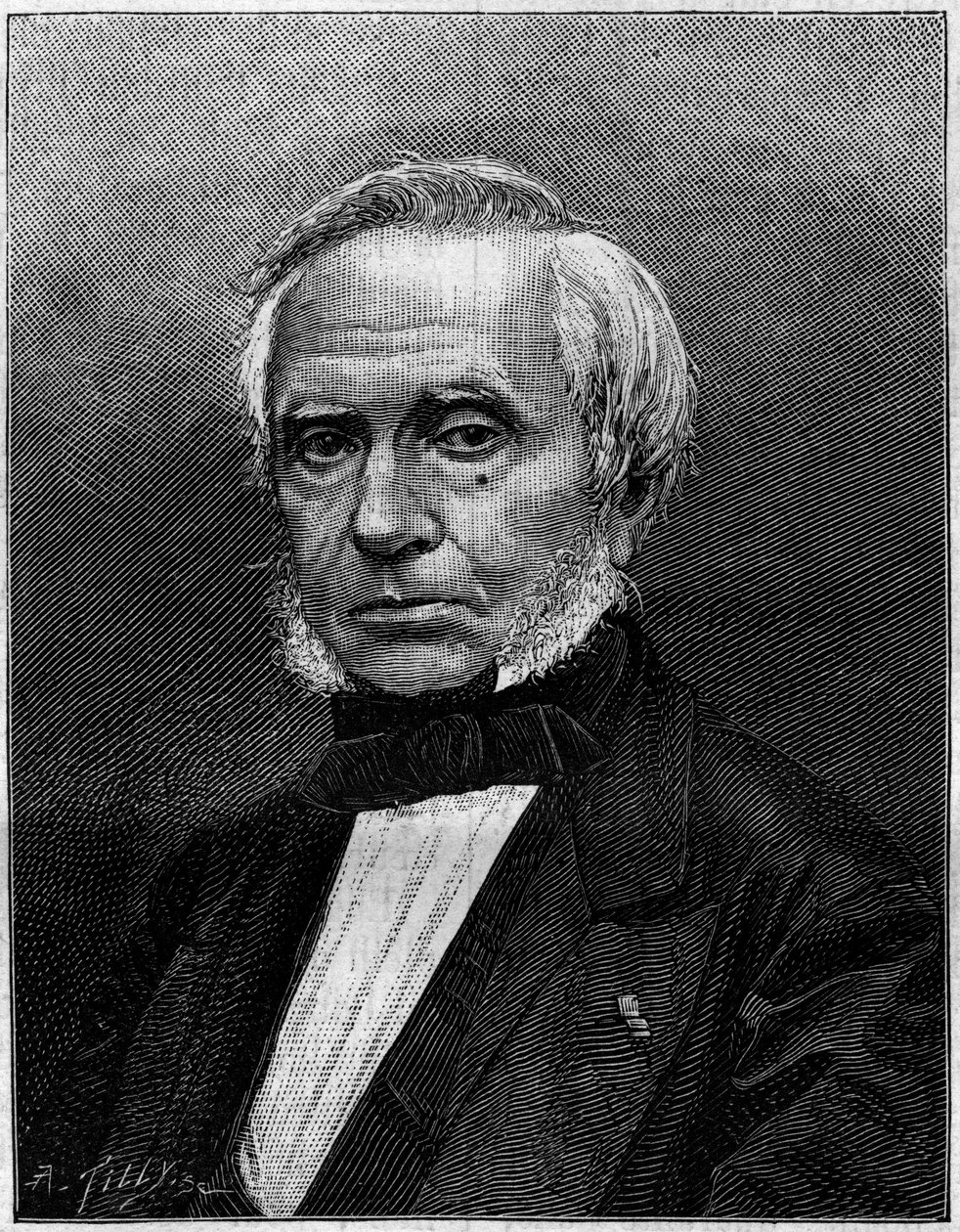 Portret van Eugène Bourdon (1808-1884), Franse ingenieur, uitvinder van de "manometer Bourdon" om druk te meten. Gravure in "Nature. Revue des sciences et de ses applications aux arts et à l