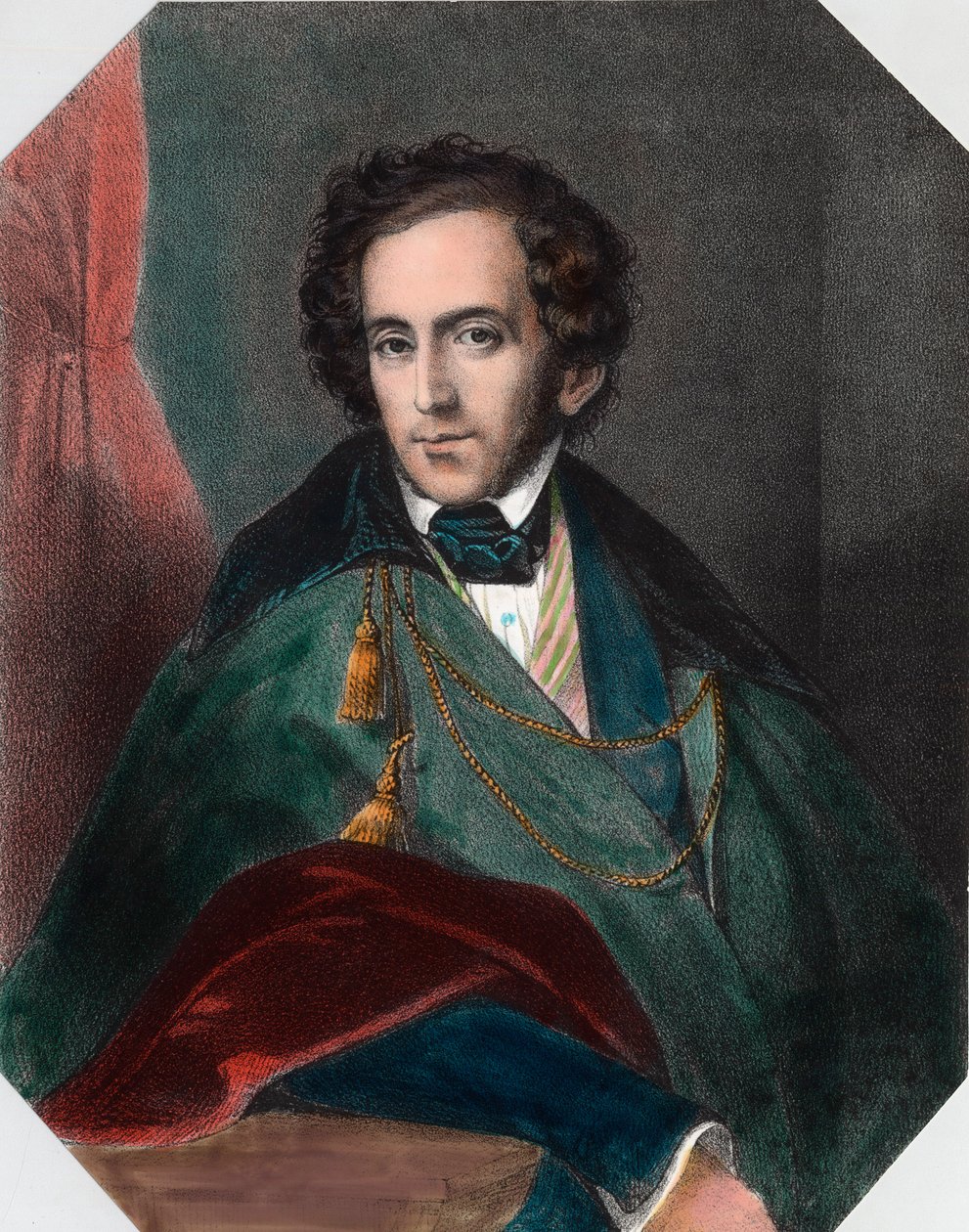Portret van Felix Mendelssohn (1809 - 1847), Duitse dirigent en componist. Gravure uit de 19e eeuw. Privécollectie. door Unknown artist