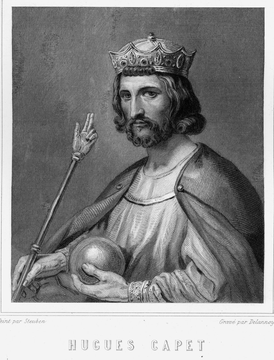 Portret van Hugues I Capet (v. 941 - 996), hertog van Frankrijk en daarna koning van Frankrijk - in "Histoire des Français" door Lavallée, gravure, sd door Unknown artist