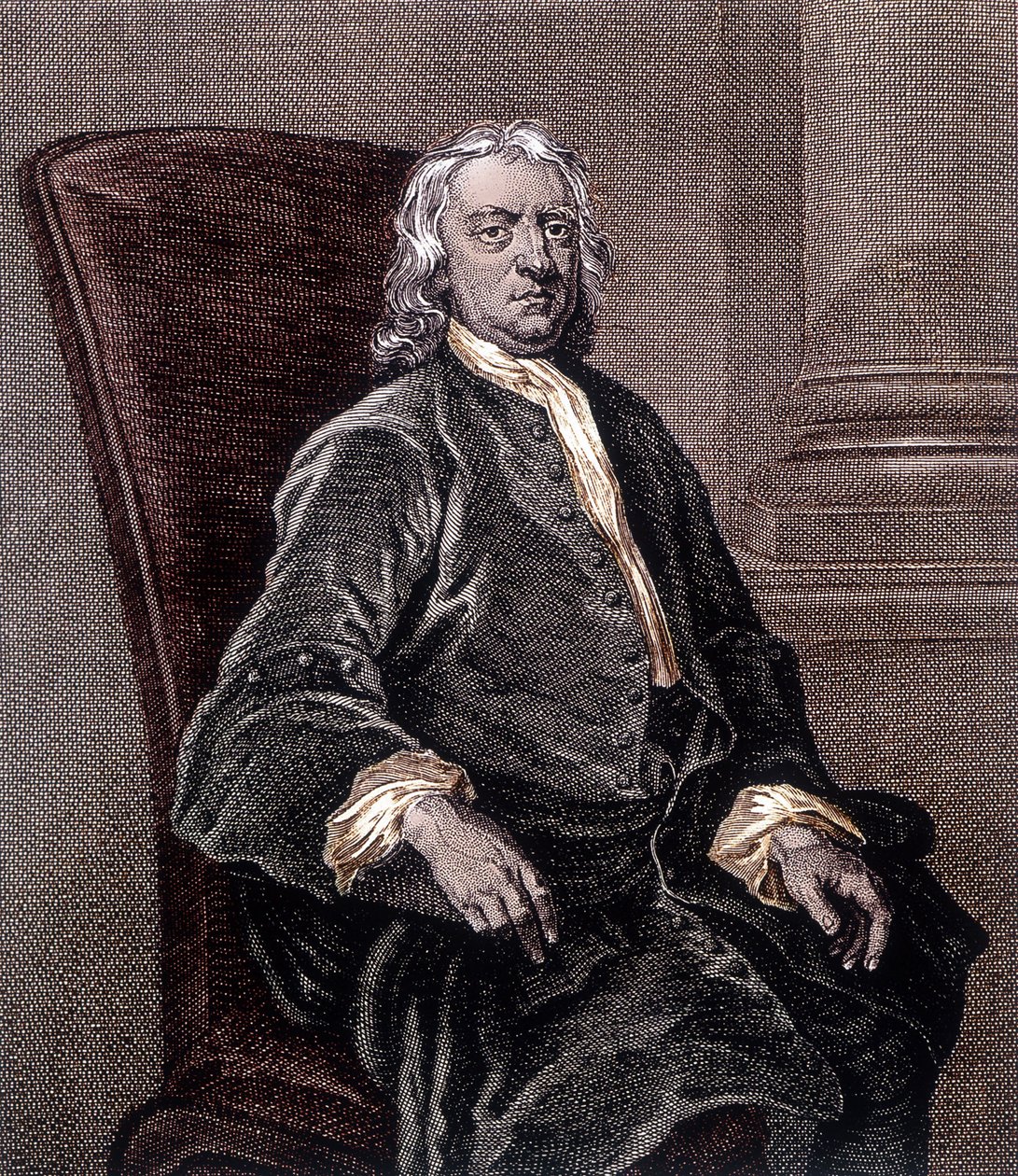 Portret van Isaac Newton zittend in een fauteuil - Gravure door Unknown artist