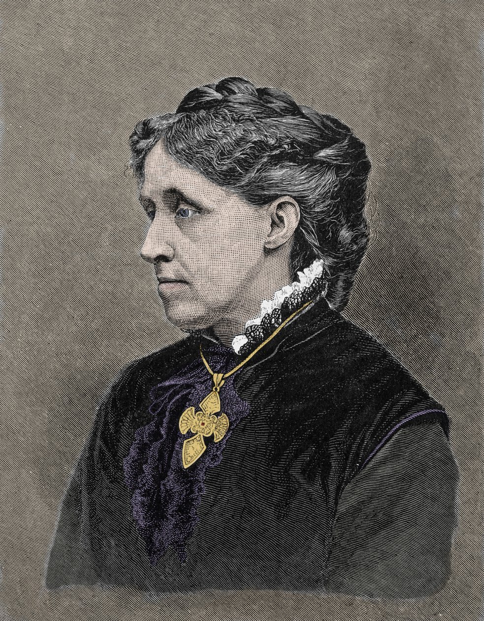 Portret van Louisa May Alcott (1832-1888), Amerikaanse romanschrijfster. 19e-eeuwse kleuren gravure door Unknown artist