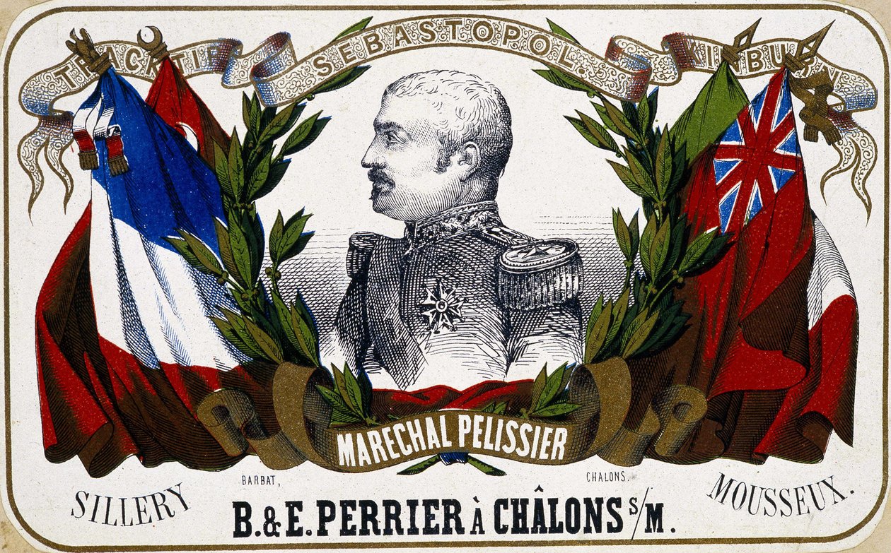 Portret van Maarschalk Pelissier op een champagne-etiket 