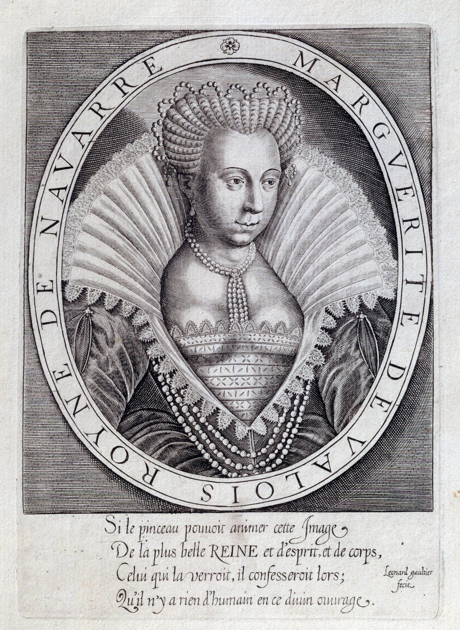 Portret van Marguerite de Valois (1553-1615) bekend als Koningin Margot. Gravure uit de 16e eeuw. Pau, Musee Du Chateau door Unknown artist