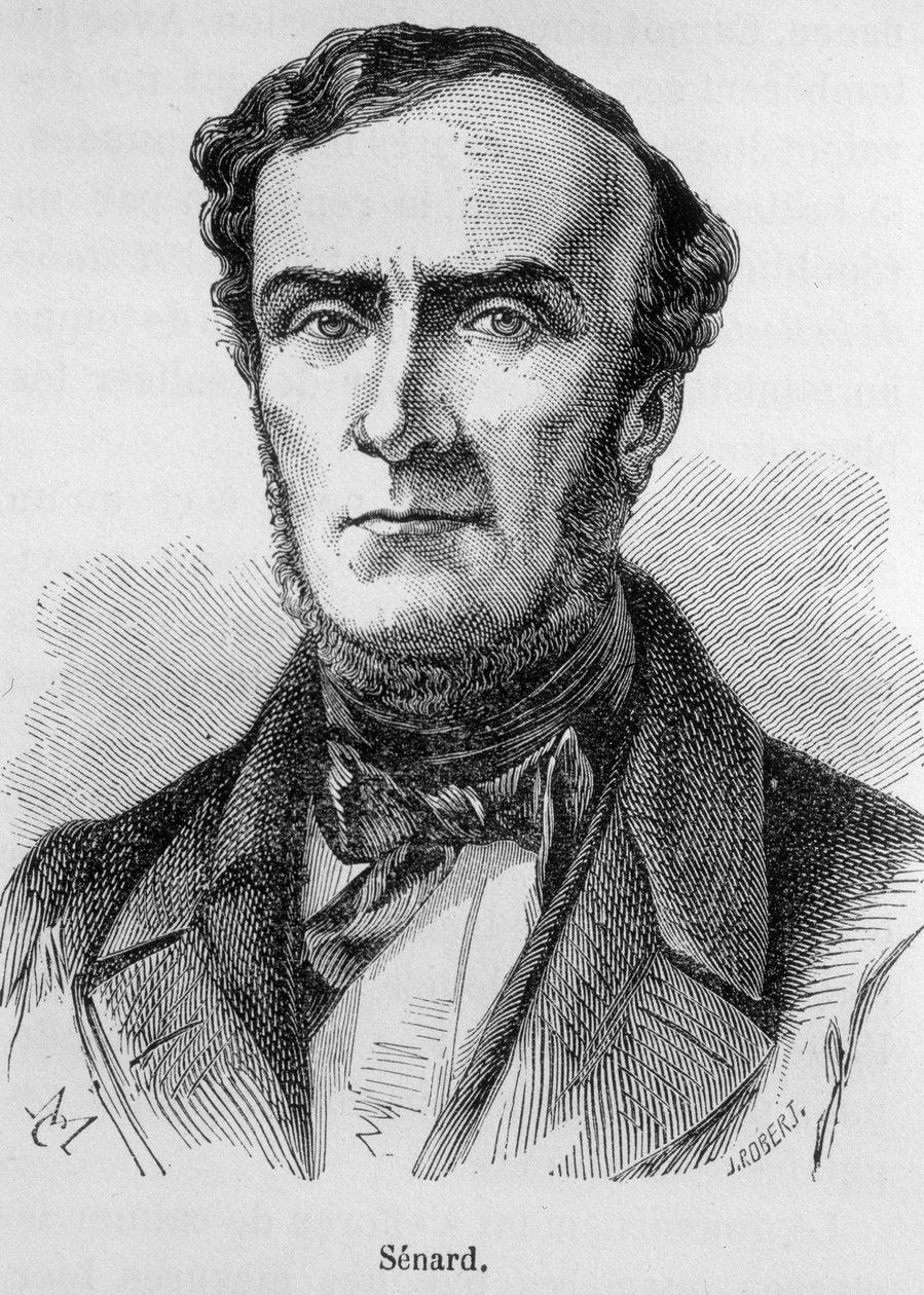 Portret van Marie Antoine Jules Senard, lid van de Parijse balie, voormalig voorzitter van de Nationale Vergadering en voormalig minister van Binnenlandse Zaken. Hij verdedigde Gustave Flaubert tijdens het proces na de publicatie van Madame Bovary. Gravure door Unknown artist