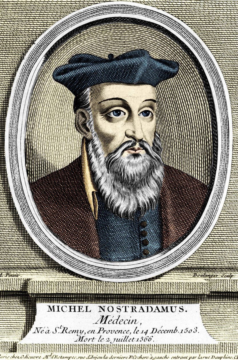 Portret van Michel Nostradamus, arts en astroloog, geboren in Saint-Remy-de-Provence op 14/12/1503 en overleden op 02/07/1566. Gravure uit de 17e eeuw. door Unknown artist