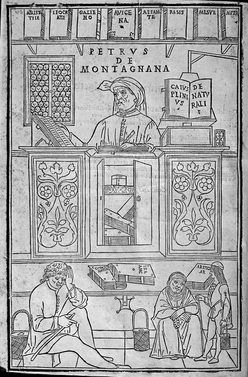 Portret van Pietro da Montagnana, een Paduaanse medische leraar omringd door Griekse en Arabische medische boeken, en drie patiënten die wachten om hun urine te laten onderzoeken. door Unknown artist