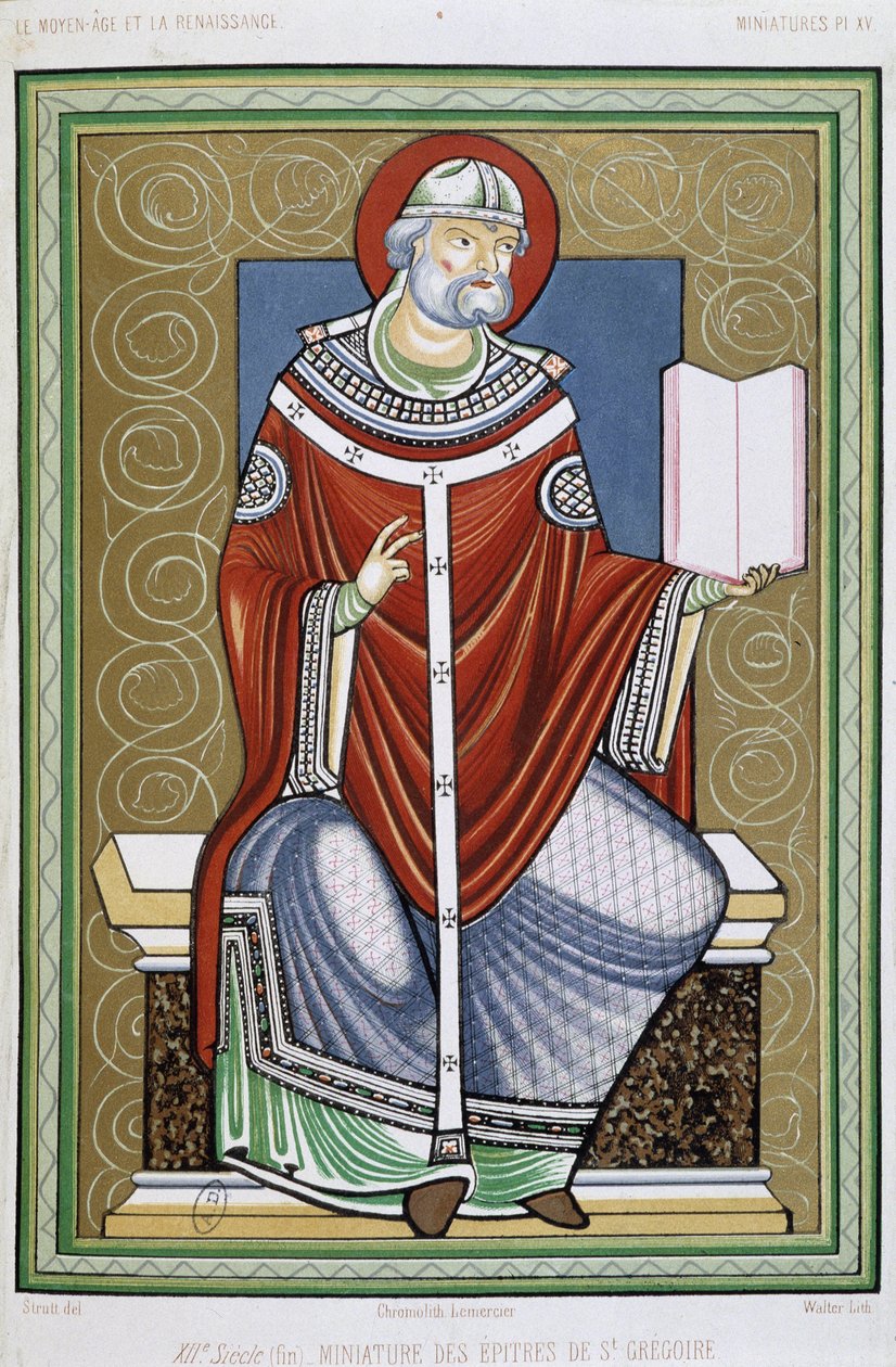Portret van Sint Gregorius, chromo 19e eeuw van miniatuur van de Epistels van Sint Gregorius door Unknown artist