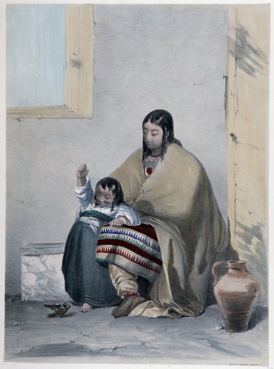 Portret van een Huron, Indiaan van Canada, met zijn kind - in 