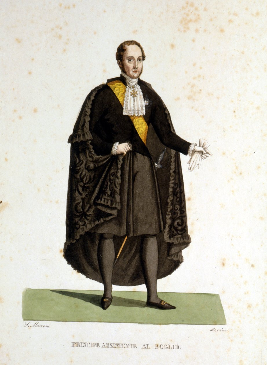 Portret van een assistent-prins van de Heilige Stoel die diende tijdens ceremonies en bezoeken. Gravure uit de 19e eeuw. door Unknown artist