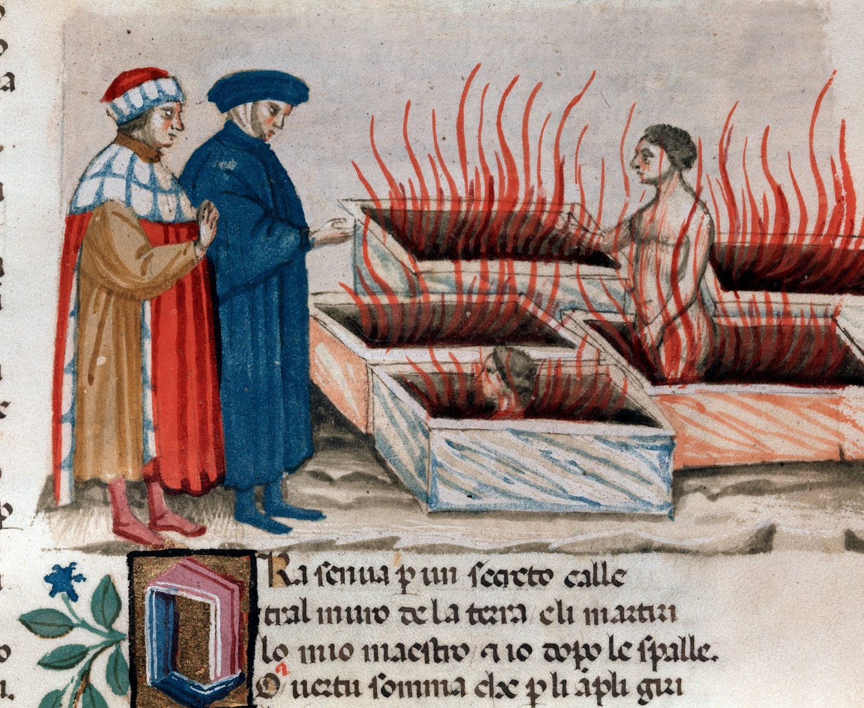 Portret van de Italiaanse dichter Dante Alighieri met Vergilius onder ketters zoals Farinata degli Uberti (lied 10 uit de Hel, in de Goddelijke Komedie) - miniatuur 15e eeuw door Unknown artist