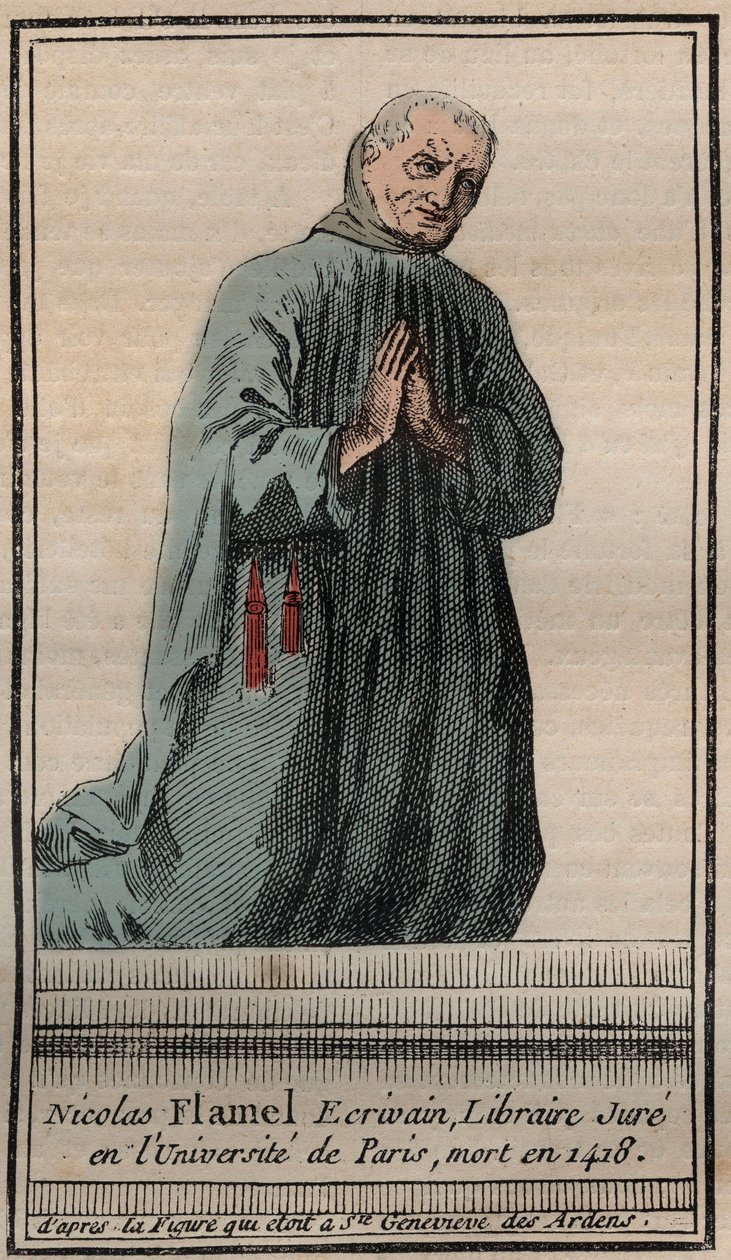 Portret van de Franse alchemist Nicolas Flamel (1330-1418) - Gravure - Portret van de Engelse alchemist Nicolas Flamel - Gravure Privécollectie door Unknown artist