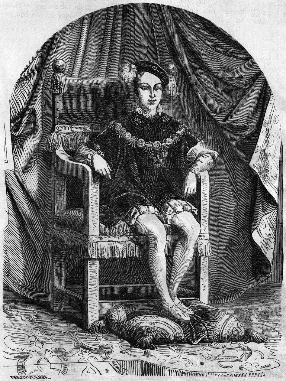 Portret van de jonge koning Edward VI van Engeland en Ierland (1537-1553), gravure uit de 19e eeuw. door Unknown artist