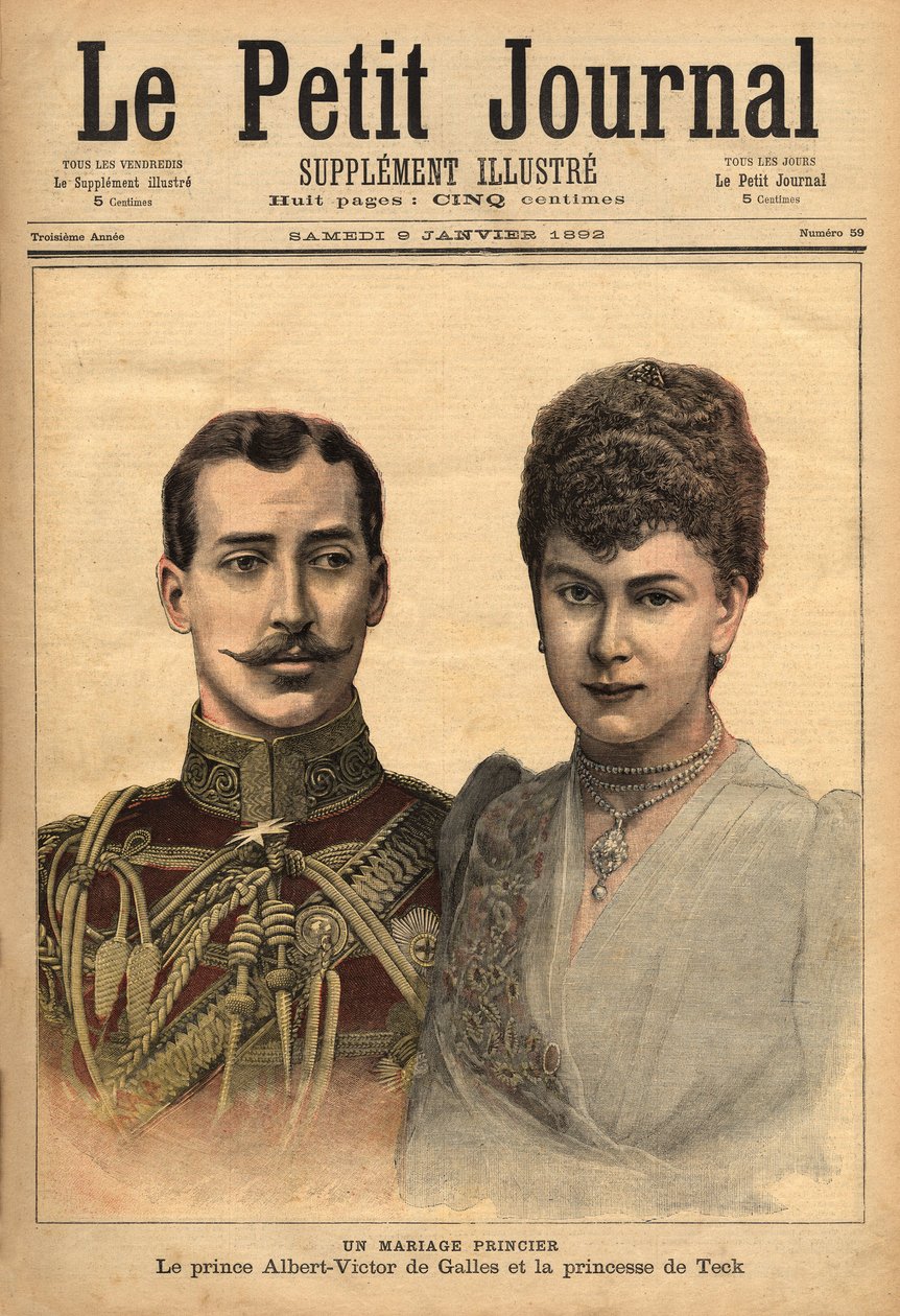 Portretten ter gelegenheid van de aankondiging van hun huwelijk, van prins Albert Victor, hertog van Clarence en Avondale met Mary van Teck, Le Petit Journal, 9/01/1892. door Unknown artist