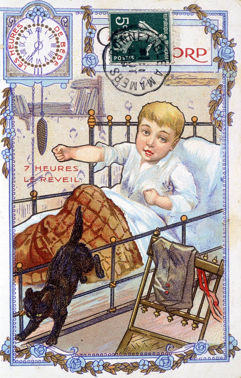 Ansichtkaart die het verloop van de dag van een kind toont. Om 7 uur wordt het kind wakker. door Unknown artist